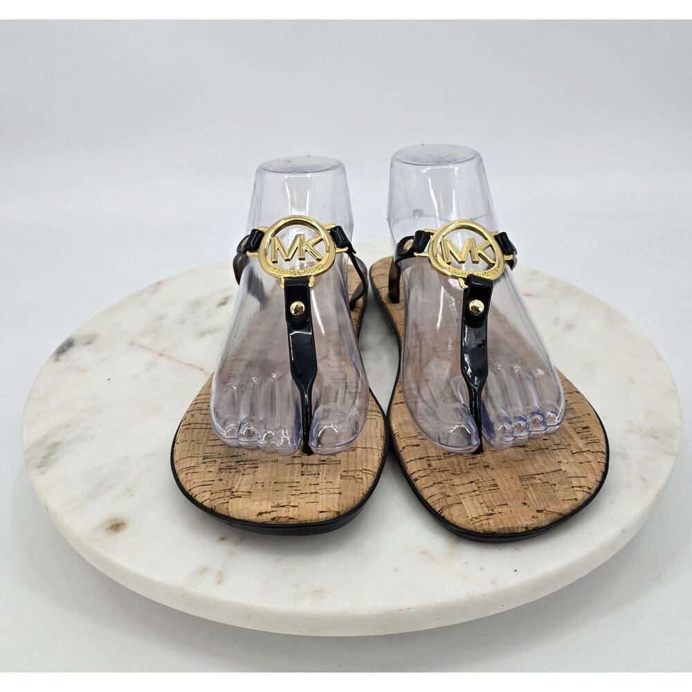 Michael Kors Black Patent Jelly Thong Sandals with Gold Logo - Picture 2 of 6